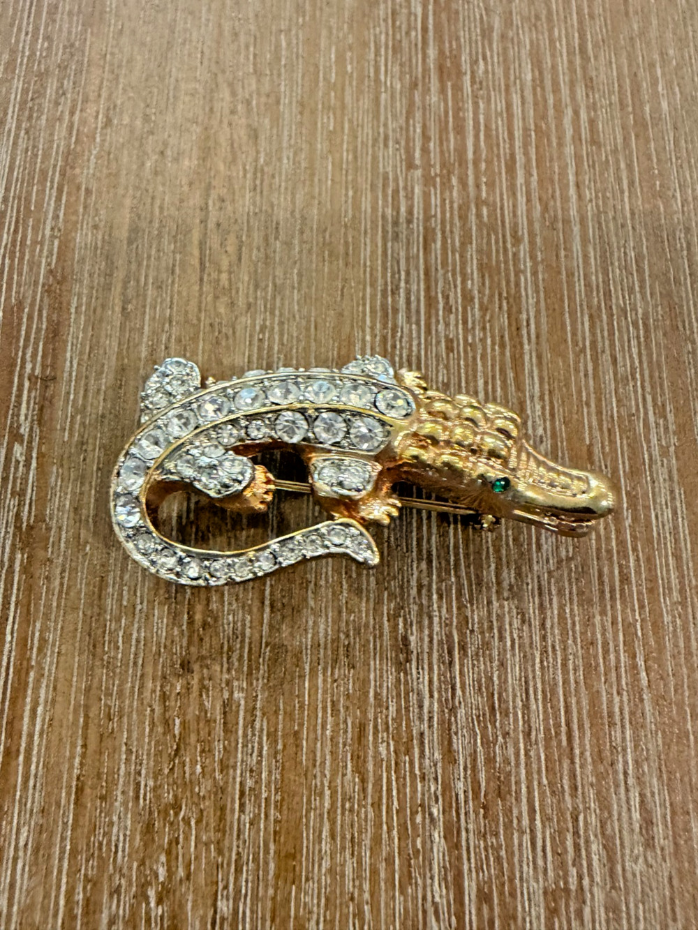 Vintage Rhinestone Alligator Crocodile Brooch Pin Gold Tone Unsigned